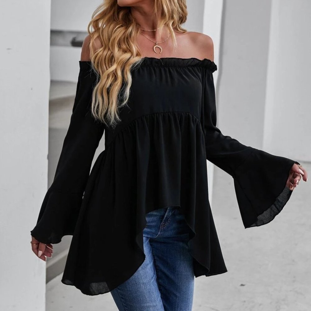 Black Off-shoulder High Low Blouse - Picture 6 of 7